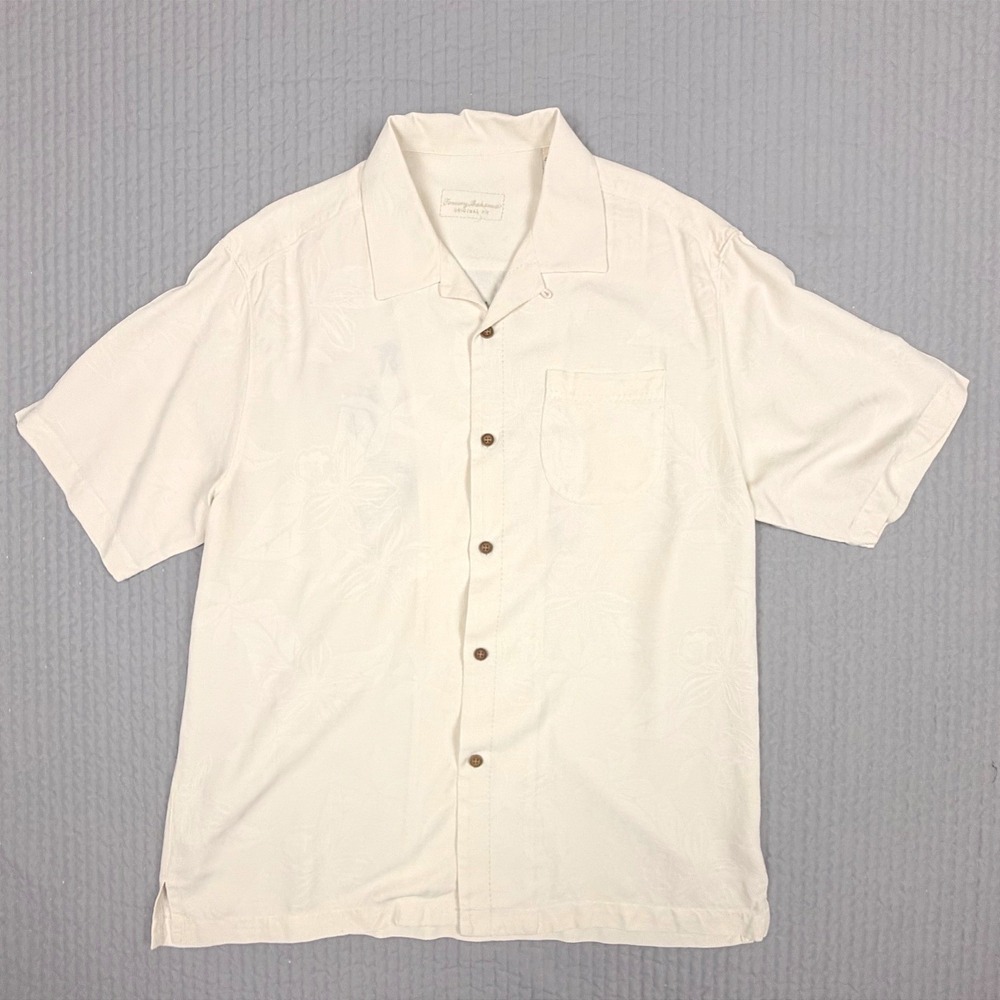 Rare Tommy Bahama Legroom Bar Blue Crab Silk Shirt Large Cream Floral Jacquard